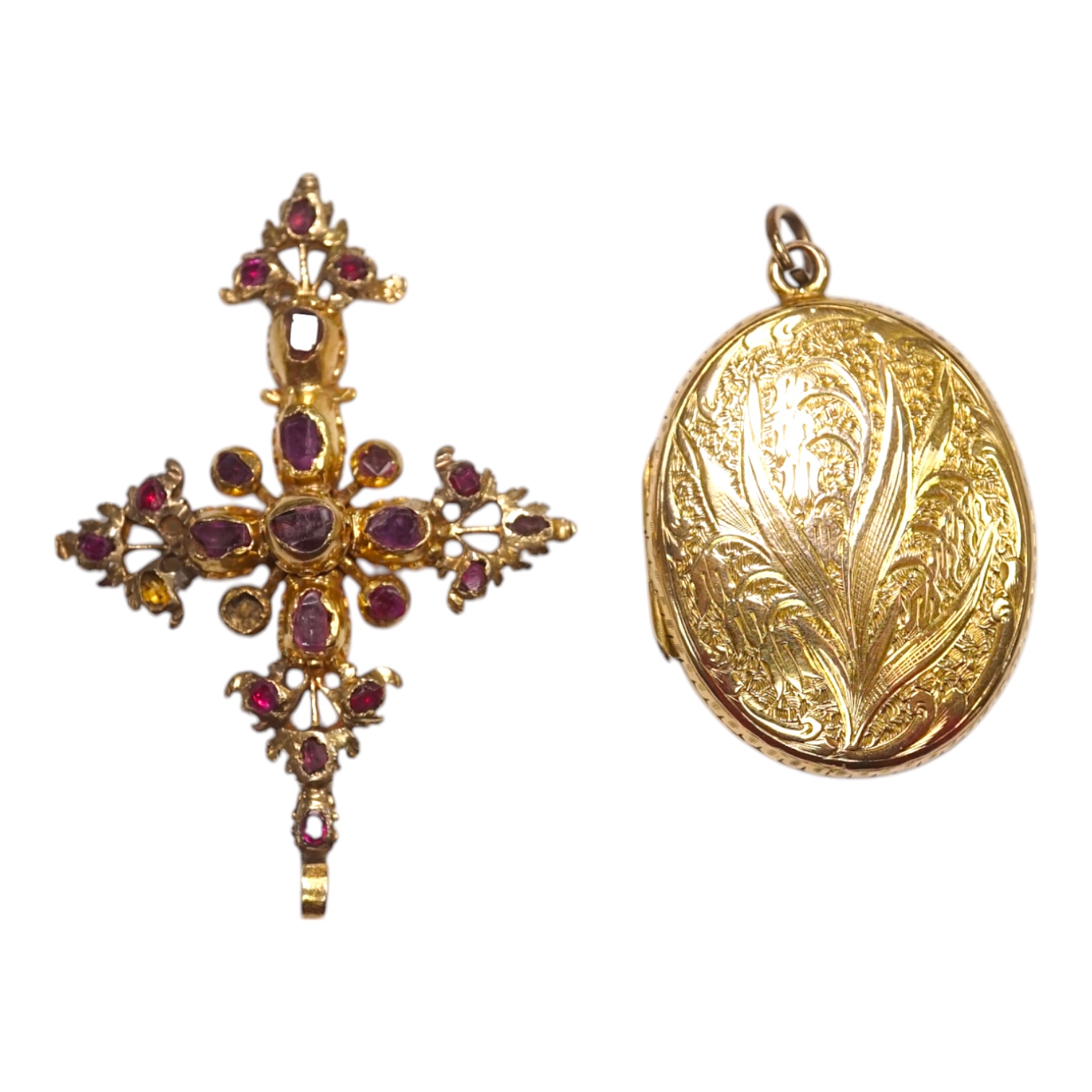 An antique yellow metal and gem set cluster cross pendant, 51mm, together with an engraved yellow metal oval locket. Condition - poor to fair